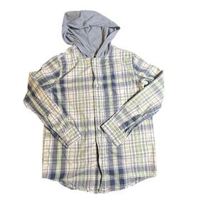 Lucky Brand Kids Blue Green Plaid Hooded Button Down Shirt XL 14/16 Skater
